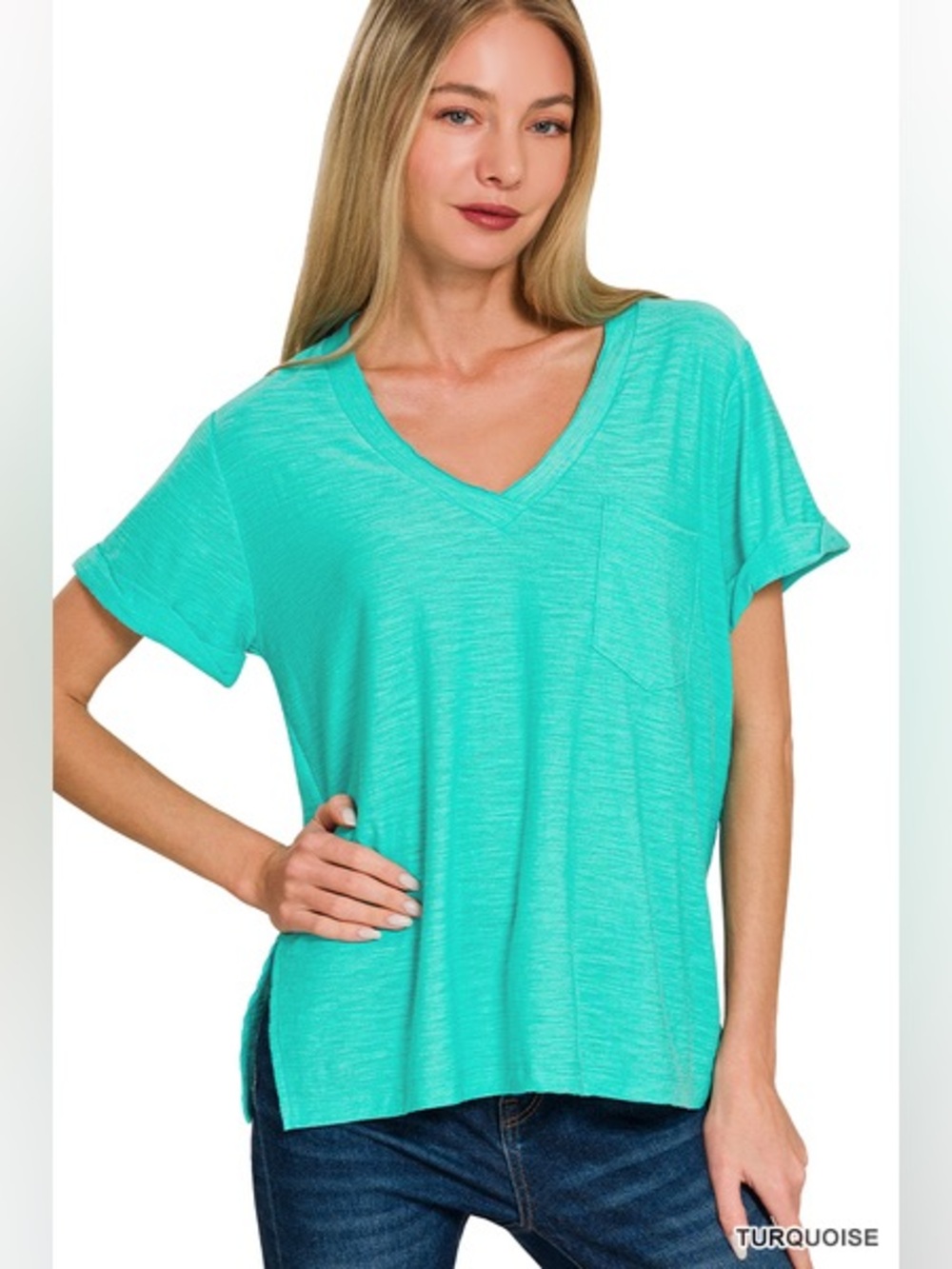 Zenana SLUB ROLLED SHORT SLEEVE V-NECK TEE